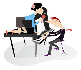 Singer woman and a pianist in the concert illustration. Pianist and singer woman sits on the piano, holds a microphone and sings isolated on white