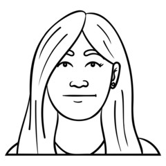 Monochrome cartoon illustration of a woman with a bored facial expression. front view, long hair, outline, emotion, avatar.