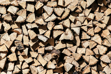 Stacked firewood background outside ready for winter