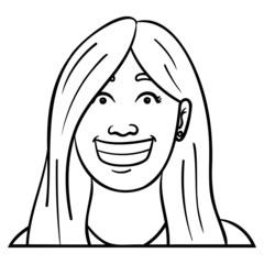 Frontal portrait of a woman who laughs heartily, shows her teeth and looks straight at the camera.  Vector illustration, avatar, happiness, emotions, outline, monochrome.