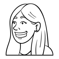 Monochrome outline vector illustration of a woman in oblique profile.  She laughs heartily, shows her teeth and is happy.  Avatar, emotions, isolated.