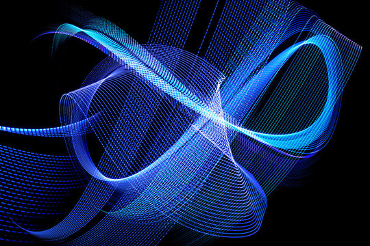 Infinity symbol made of blue LED lights. Abstract neon blue lights on black background.