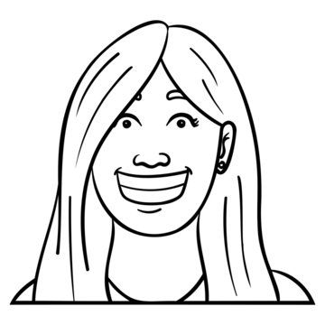 recommend clip art: Frontal portrait of a woman who laughs heartily, shows her teeth and looks straight at the camera.  Vector illustration, avatar, happiness, emotions, outline, monochrome.