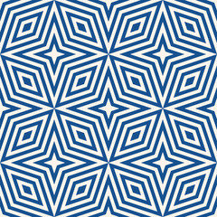 Geometric lines seamless pattern. Abstract vector texture with stars, rhombuses, diagonal lines, stripes. Simple blue and white graphic background. Modern linear ornament. Repeat tileable design