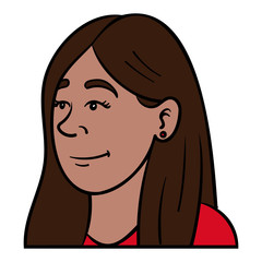 Avatar of a foreign woman with brown hair, diagonally from the side.  she smiles and has a friendly face.  Vector, emotions, illustration, comic.