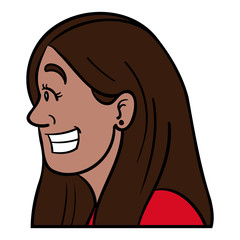 Vector illustration of a South American woman in profile with brown hair and brown skin who laughs happily and shows her teeth.  Avatar, emotions, being happy, red top.