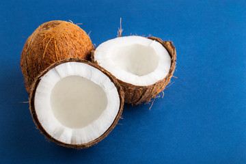 coconut half on blue background side view