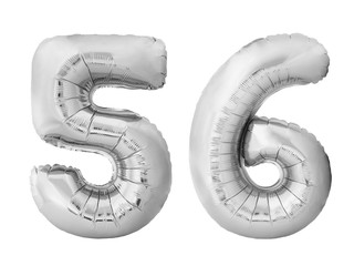 Number 56 fifty six made of silver inflatable balloons isolated on white background. Silver chrome helium balloons forming 56 fifty six number