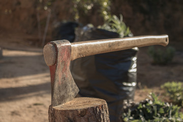 Hacha clavada en un tronco cortado