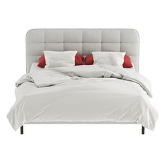 A double grey bed with a soft quilted headboard and red-white linen on a white background. Front viev. 3d rendering