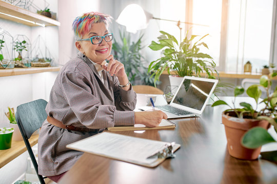 Beautiful modern short-haired woman dressed in elegant blazer sit amiably smiling and look at camera. documents, laptop and plants on table.