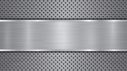 Background in gray colors, consisting of a metallic perforated surface with holes and a polished plate with metal texture, glares and shiny edges