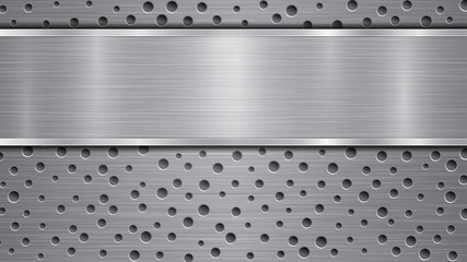 Fototapeta na wymiar Background in gray colors, consisting of a metallic perforated surface with holes and a polished plate with metal texture, glares and shiny edges