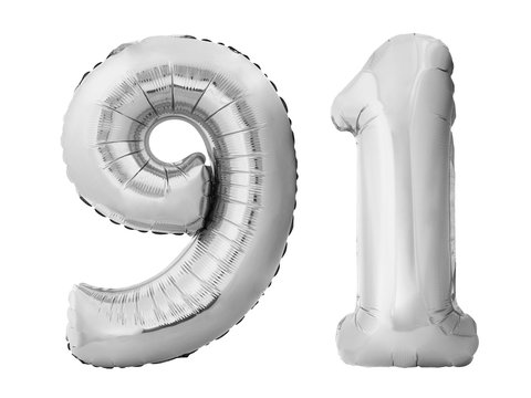 Number 91 ninety one made of silver inflatable balloons isolated on white background. Silver chrome helium balloons forming 91 ninety one number