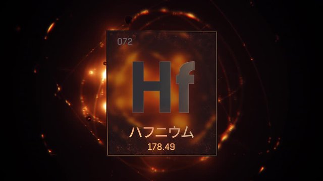 Hafnium as Element 72 of the Periodic Table. Seamlessly looping 3D animation on orange illuminated atom design background orbiting electrons name, atomic weight element number in Japanese language