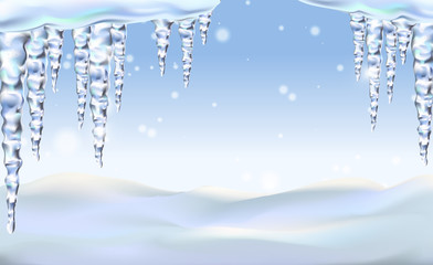 Icicles shiny and glass hanging in winter and spring, snowdrift, clipart for your design.