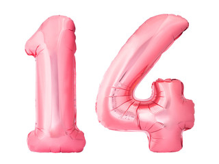 Number 14 fourteen made of rose gold inflatable balloons isolated on white background. Pink helium...