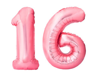 Number 16 sixteen made of rose gold inflatable balloons isolated on white background. Pink helium balloons forming 16 sixteen number