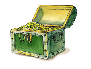 A chest of gold coins. Ancient treasures. Watercolor illustration.