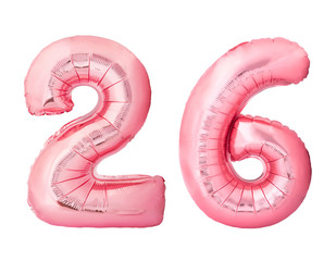 Number 26 twenty six made of rose gold inflatable balloons isolated on white background. Pink helium balloons forming 26 twenty six number