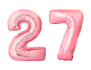 Number 27 twenty seven made of rose gold inflatable balloons isolated on white background. Pink...