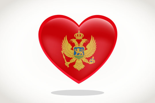 Montenegro Flag in Heart Shape. Heart 3d Flag of Montenegro, Montenegro flag template design.