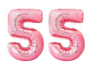 Number 55 fifty five made of rose gold inflatable balloons isolated on white background. Pink helium balloons forming 55 fifty five number