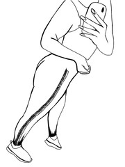 Blogging A beautiful young slender girl blogger photographs herself in the mirror on a smartphone, exposing her ass. Black and white raster illustration. Outline drawing, coloring. Copy space