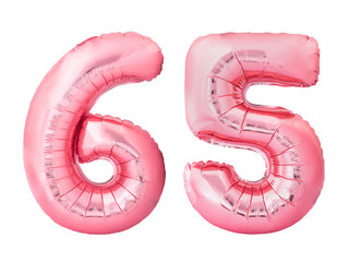 Number 65 sixty five made of rose gold inflatable balloons isolated on white background. Pink helium balloons forming 65 sixty five number - obrazy, fototapety, plakaty