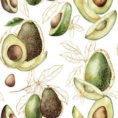Wall murals Avocado Watercolor golden seamless pattern with linear avocado and leaves. Hand painted tropical summer fruits isolated on white background. Floral elegant illustration for design, print, fabric, background.