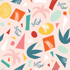 Fototapeta premium Summer vibes seamless vector pattern. Contemporary background tropical abstract collage with geometric shapes and plants. Pink, green, teal, yellow, red summer design for fabric, beach wear, decor
