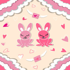 Lovely bunnies in love, envelopes with wings and clouds. Valentine's day vector