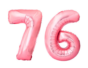 Number 76 seventy six of rose gold inflatable balloons isolated on white background. Pink helium balloons forming 76 seventy six