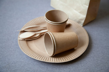 eco paper plate dish fork on old wooden table