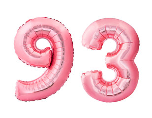 Number 93 ninety three made of rose gold inflatable balloons isolated on white background. Pink helium balloons forming 93 ninety three number