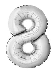 Number 8 eight made of silver inflatable balloon isolated on white background. Silver helium...