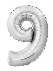 Number 9 nine made of silver inflatable balloon isolated on white background. Silver helium balloon nine 9 number. Discount and sale, birthday and education concept