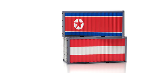Freight container with Austria and North Korea flag. 3D Rendering