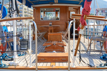 Deck of a wooden motor boat