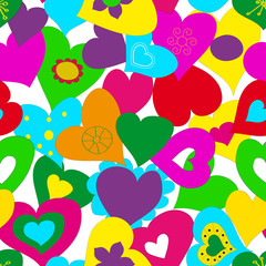 Seamless background with bright hearts in cartoon style.