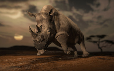 Mean and aggressive rhino running and gallopping in Africa 3d rendering © bekirevren