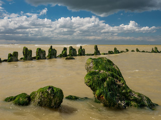 Closeup of a World War shipwreck at a beach in northern France