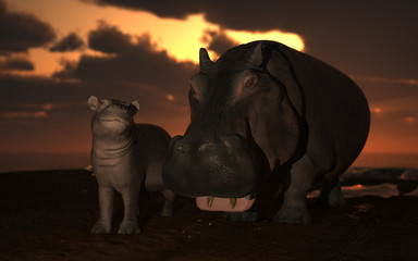 Hippopotamus mother and her calf looking with wondering eyes at sunset in Africa 3d rendering