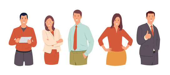 People flat vector illustrations set. Businessman,  man dressed in  a light blue shirt, young businesswoman, man  with a tablet, woman  posing with hands on hip. Young team cartoon characters