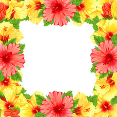 Obraz premium Watercolor frame with red and yellow hibiscus flowers. Hand drawn floral border with tropical flowers and leaves. Wedding invitation, greeting card, design. Tropical wreath.