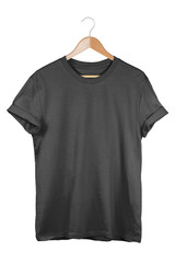 Blank black t-shirt on hanger isolated on white background. Branding or identity tshirt template