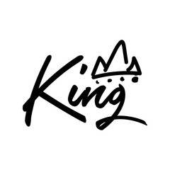"King" logo template. Hand lettering. T-shirt graphics. Vector text with crown illustration. Hand drawn lettering for greeting card, prints and posters.