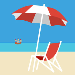 Deck chair and umbrella on the background of the sea and white sand on the beach.