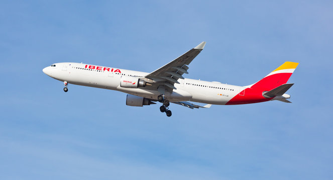 Chicago, USA - November 21, 2017: A n Airbus A330 aircraft of Iberia Airlines of Spain on final approach to O'Hare International Airport. 