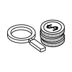 pile of coins with magnifying glass isolated icon